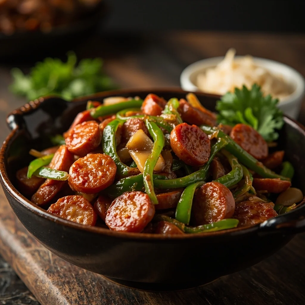 Saucisse chinoise sautée aux poivrons verts