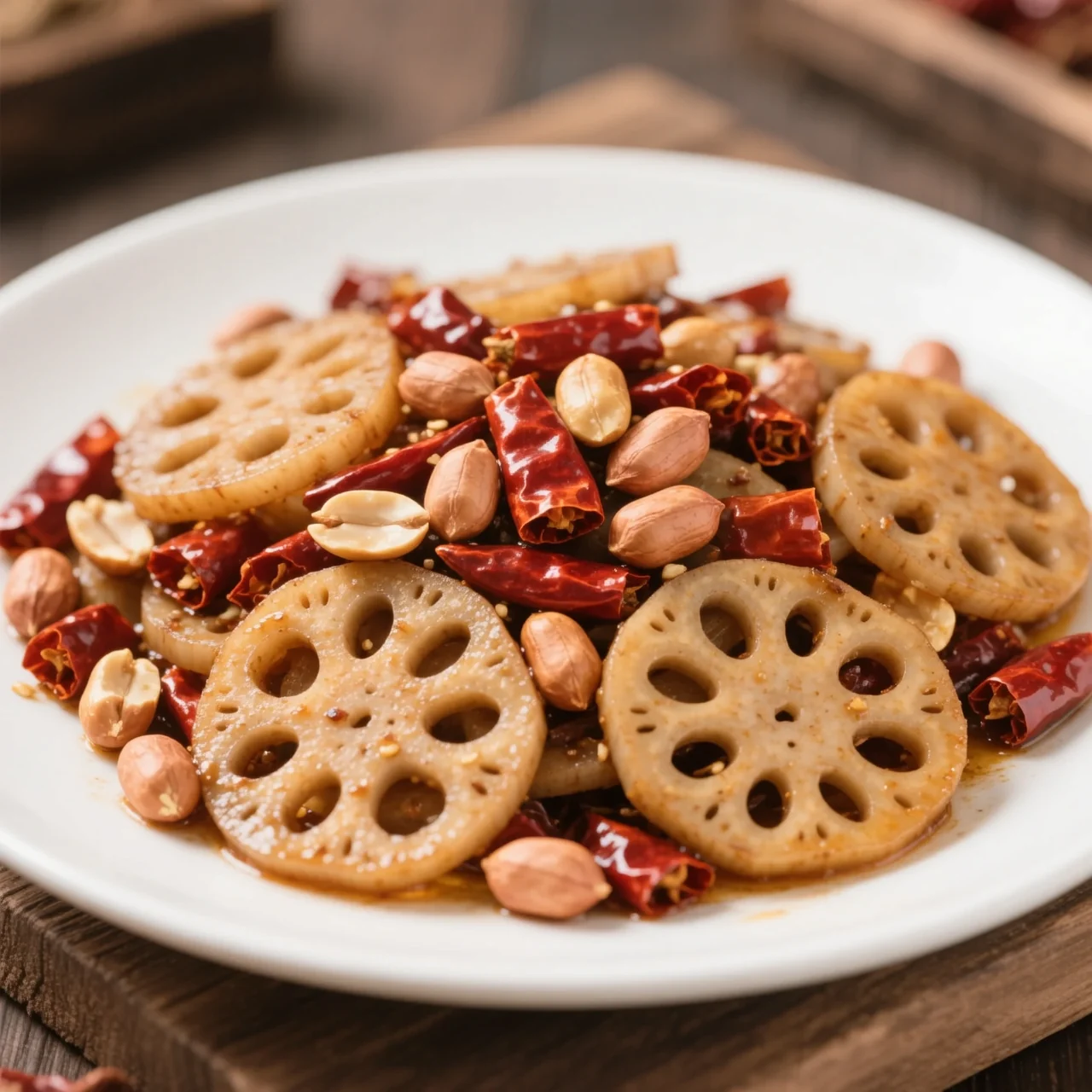 Tranches de racine de lotus épicées au wok sec