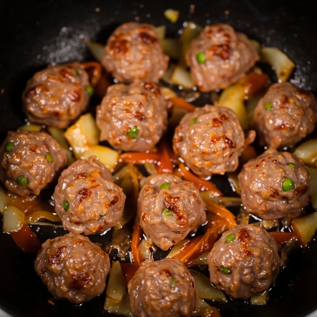 Boulettes de viande et viande poêlée aux oignons