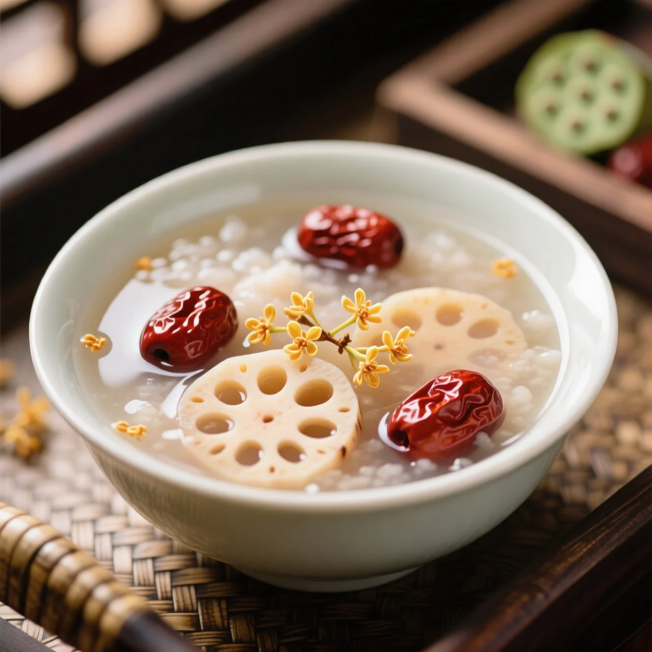 Bouillie de racine de lotus, dattes rouges et fleurs d'osmanthus