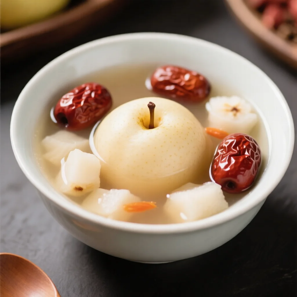 Soupe de yacon, poire au miel et dattes rouges